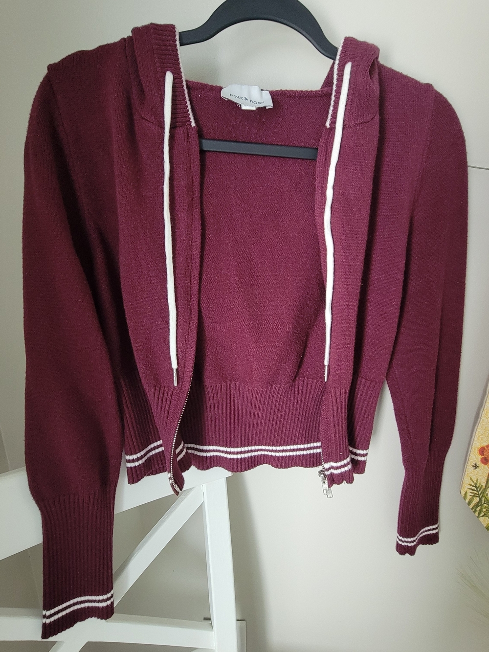 Pink Rose Burgundy Hooded Zip Cardigan with White Trim
